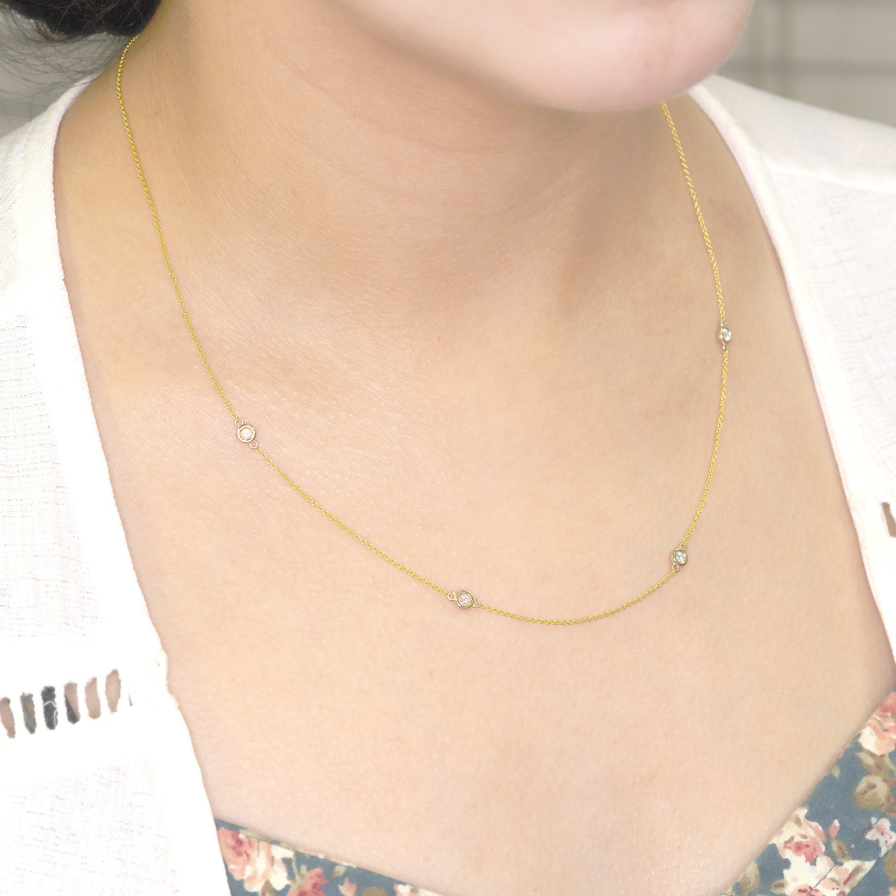14k Diamond By The Yard Necklace: Bezel Set, Handmade Jewelry
