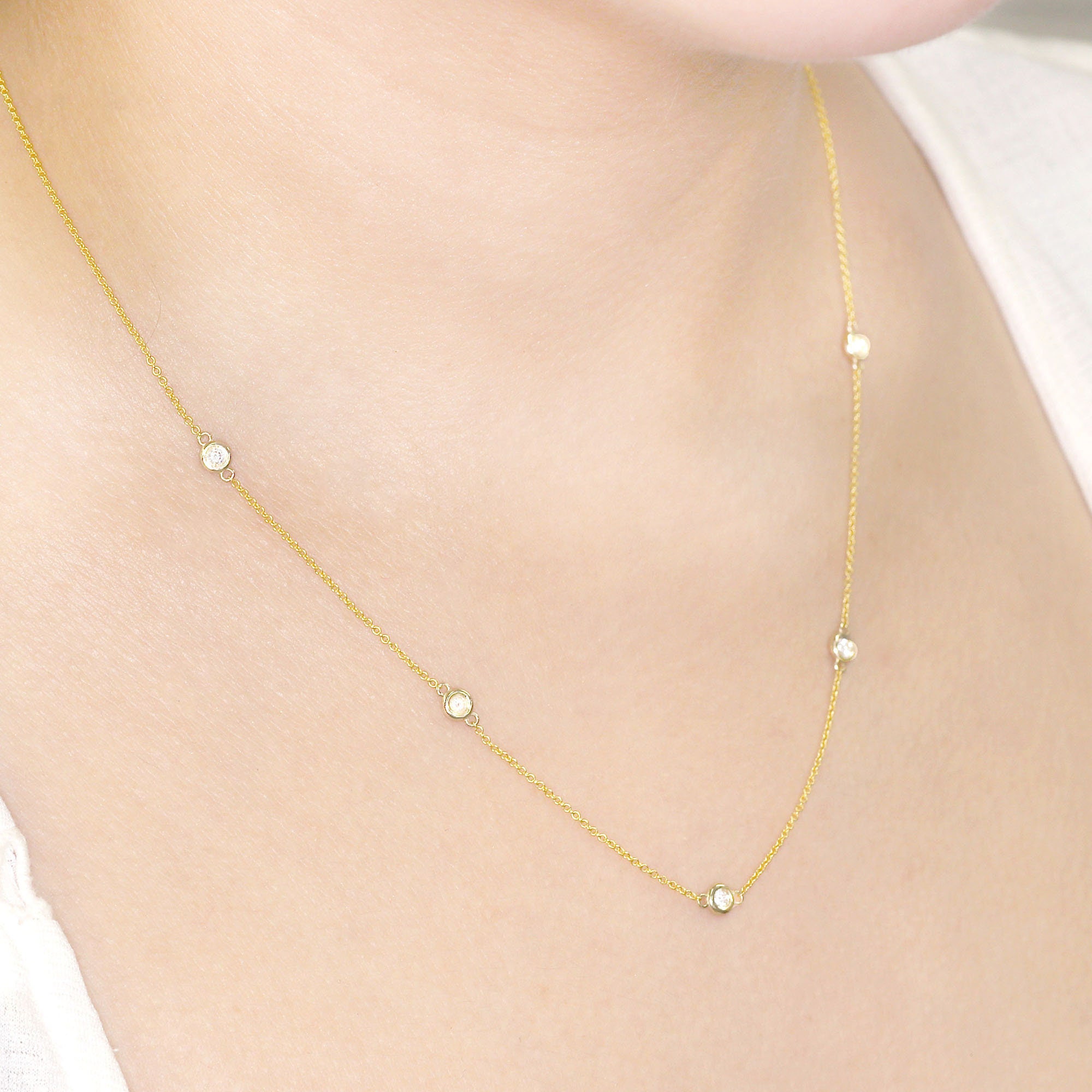 14k Gold 5 Diamond Bezel Necklace: By The Yard Layering Necklace