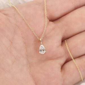 14k Gold Pear Lab Grown Diamond Charm Solitaire Necklace. Dainty Necklace. Everyday Necklace