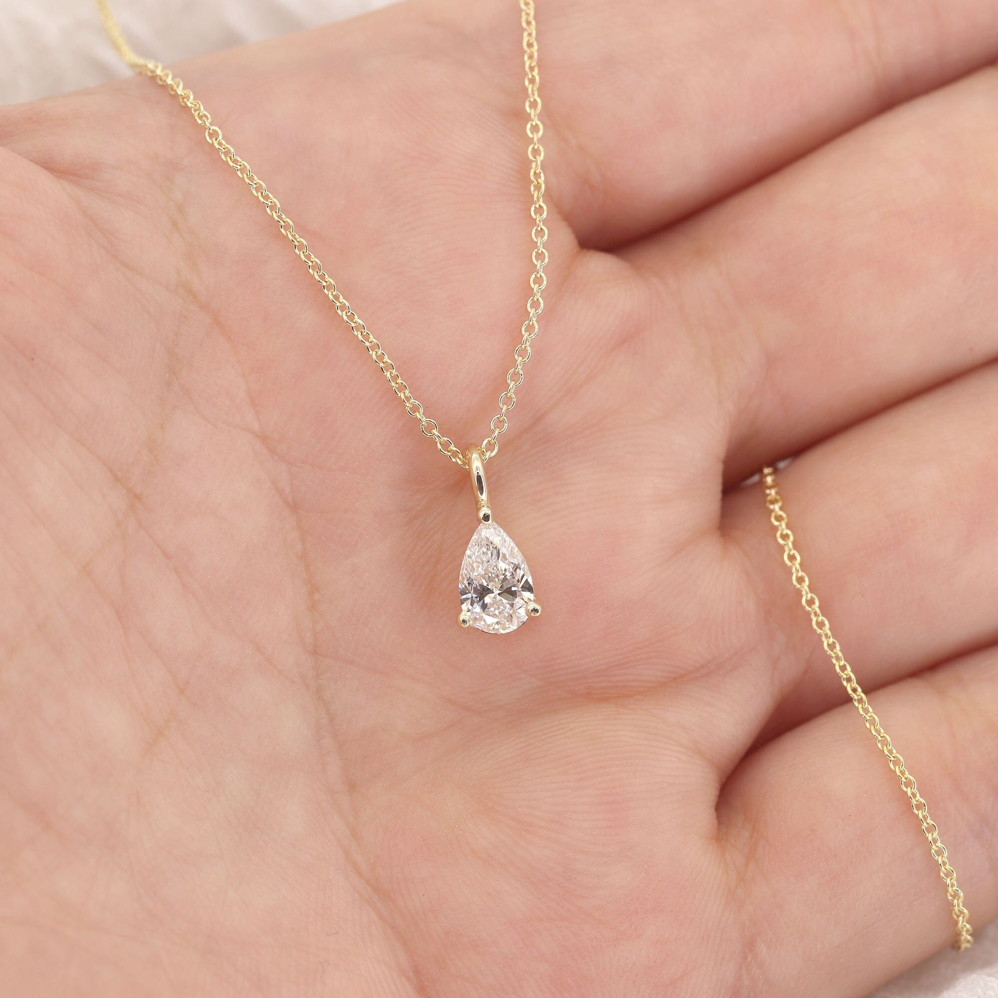 14k Gold Pear Lab Grown Diamond Charm Solitaire Necklace. Dainty Necklace. Everyday Necklace