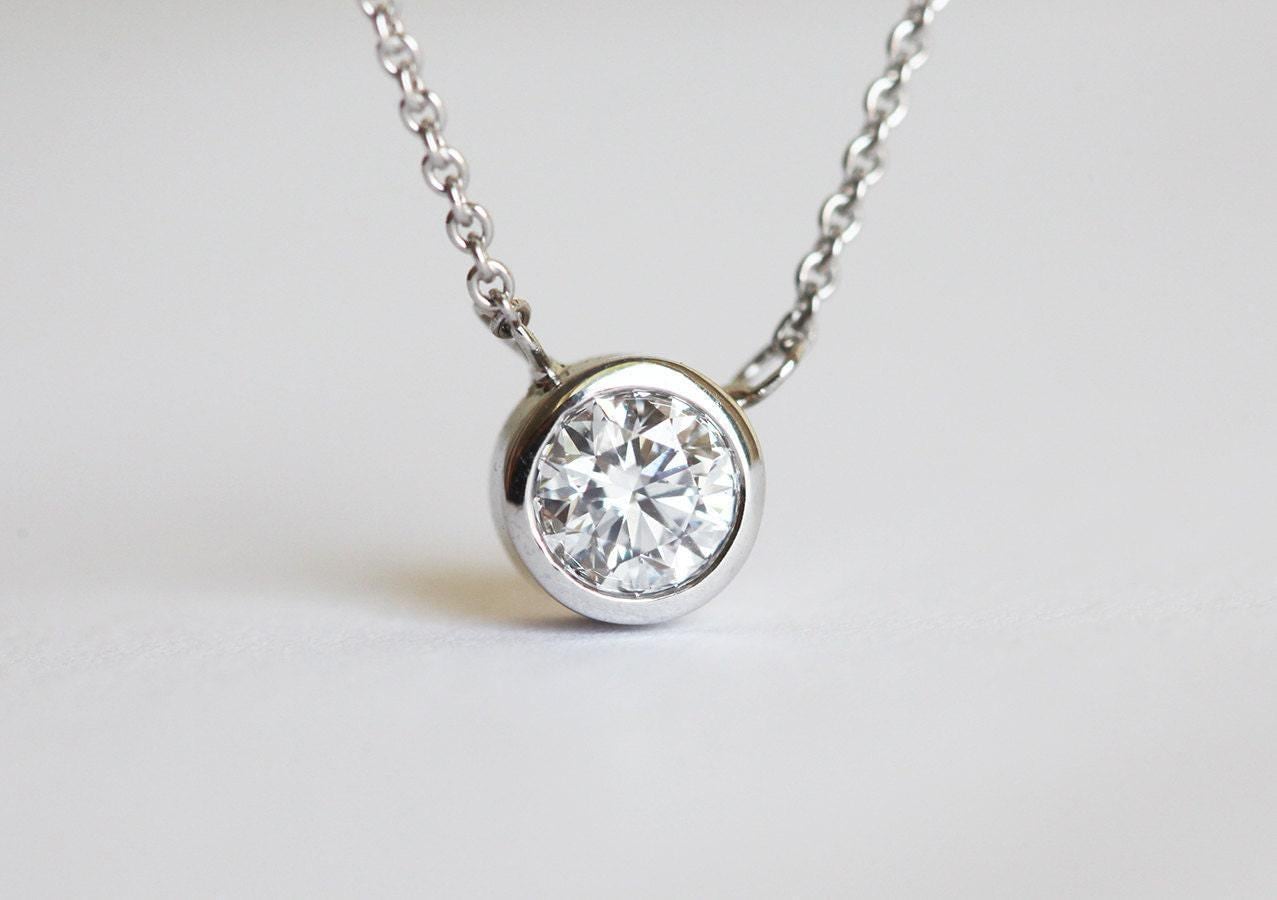 Diamond Necklace, Bezel Set Solitaire Diamond Necklace, Rose Gold Diamond Necklace, Yellow Gold Diamond Necklace, White Gold Diamond