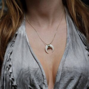 Diamond Double Horn Boho Necklace, Bohemian Hand Carved Crescent Horn Necklace With Diamonds Or Zirconia In 14k Solid Gold