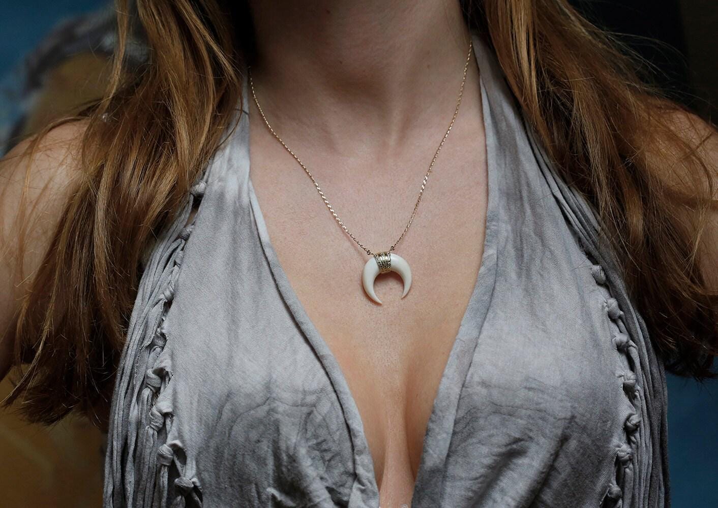 Diamond Double Horn Boho Necklace, Bohemian Hand Carved Crescent Horn Necklace With Diamonds Or Zirconia In 14k Solid Gold Diamond Double Horn Boho Necklace, Bohemian Hand Carved Crescent Horn Necklace With Diamonds Or Zirconia In 14k Solid Gold