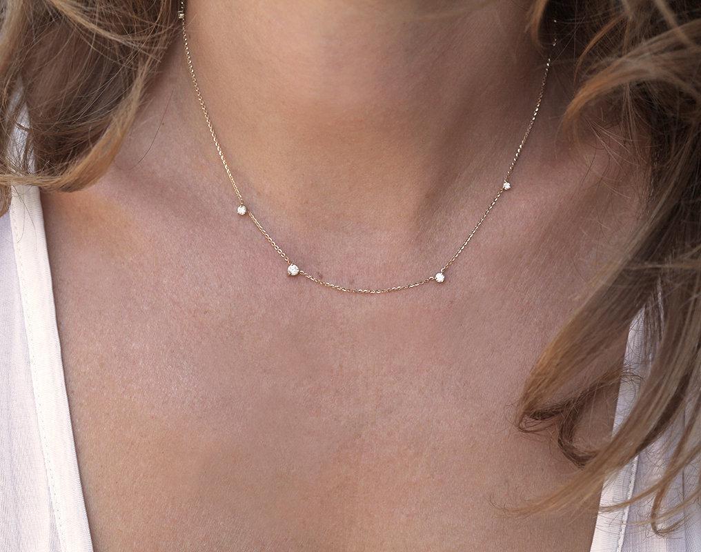 Gold Diamond Necklace, Station Solitaire Diamonds Necklace, Simple Wedding Necklace, Dainty Necklace