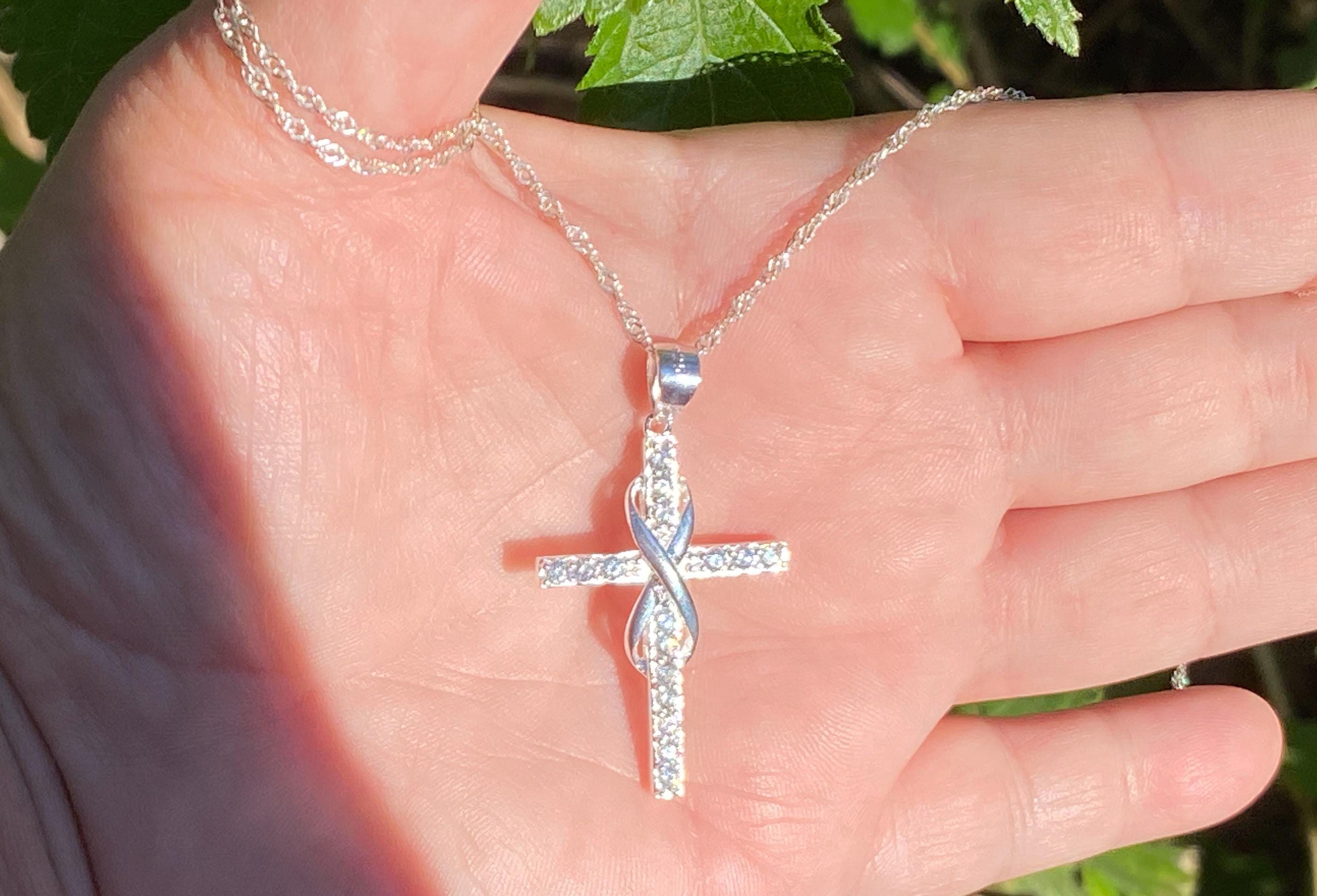 Large Infinity Cross Necklace, Solid Sterling Silver Necklace, Cubic Zirconium Cross With Infinity Symbol Necklace, Diamond Style Necklace