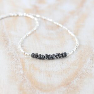 Raw Black Diamond, Sterling & Fine Silver Necklace, Dainty 3 To 4mm Rough Gemstone Choker, Delicate Beaded Layering Necklace For Women