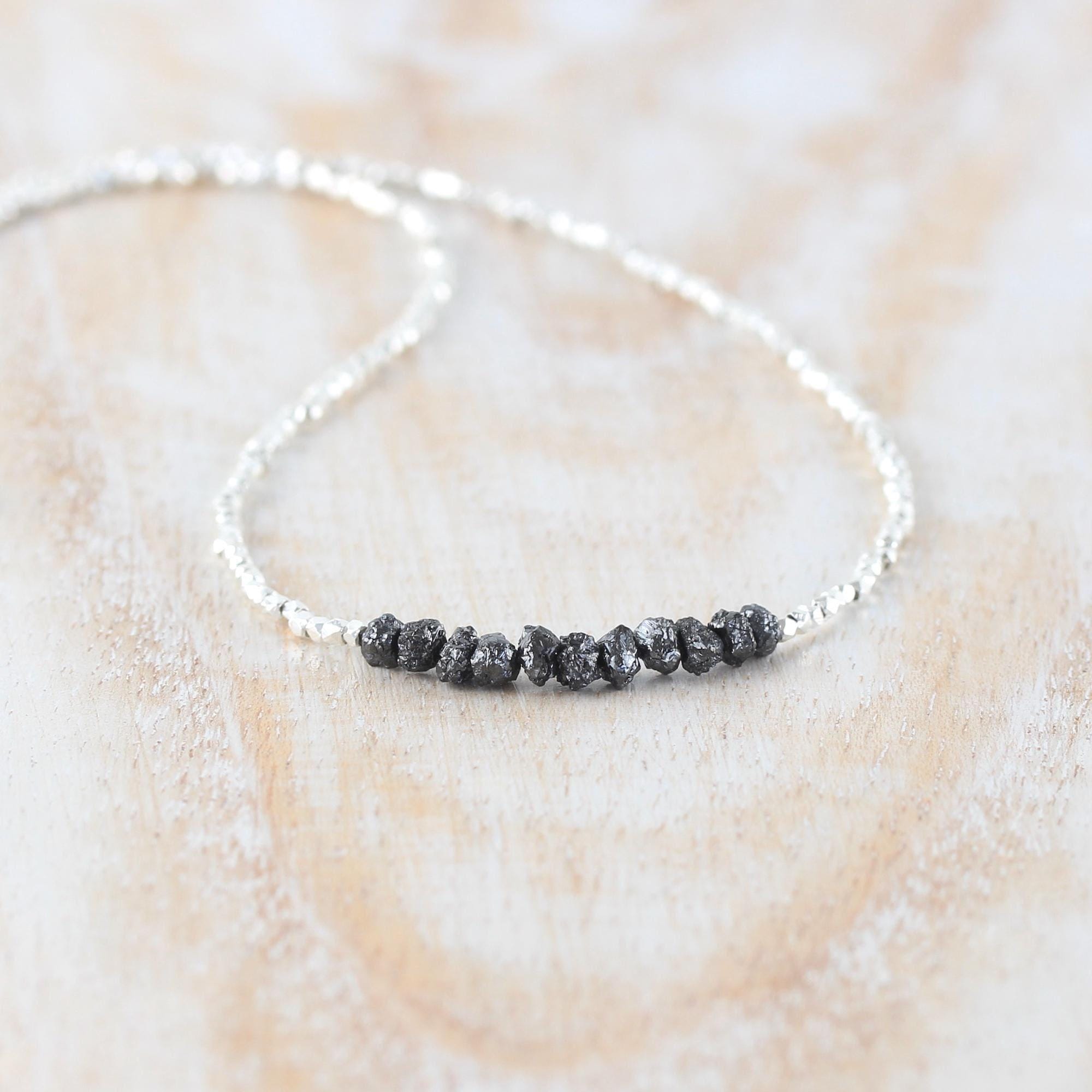 Raw Black Diamond, Sterling & Fine Silver Necklace, Dainty 3 To 4mm Rough Gemstone Choker, Delicate Beaded Layering Necklace For Women