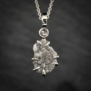Raw Grey Diamond Necklace. White Gold Silver Raw Rustic Uncut Organic Grey Salt and Pepper Natural Diamond Necklace. Unique Gift for Her