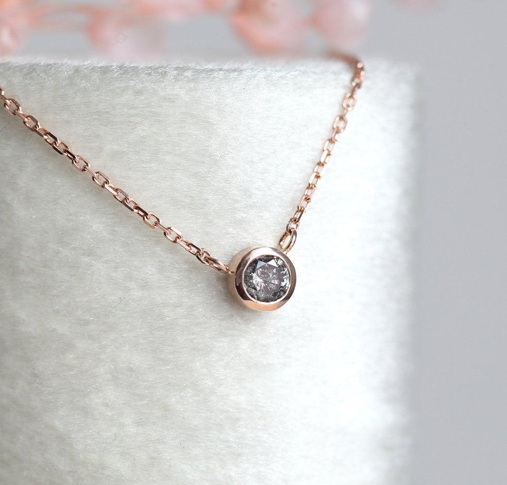 Salt Pepper Diamond Necklace, Solitaire Diamond Necklace, Simple Bezel Set Diamond Necklace 14k 18k  Rose, White, Yellow Gold