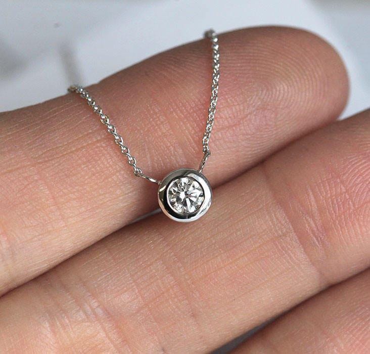 Diamond Necklace Solitaire, Round Bezel Diamond Necklace, Delicate Diamond Neckace