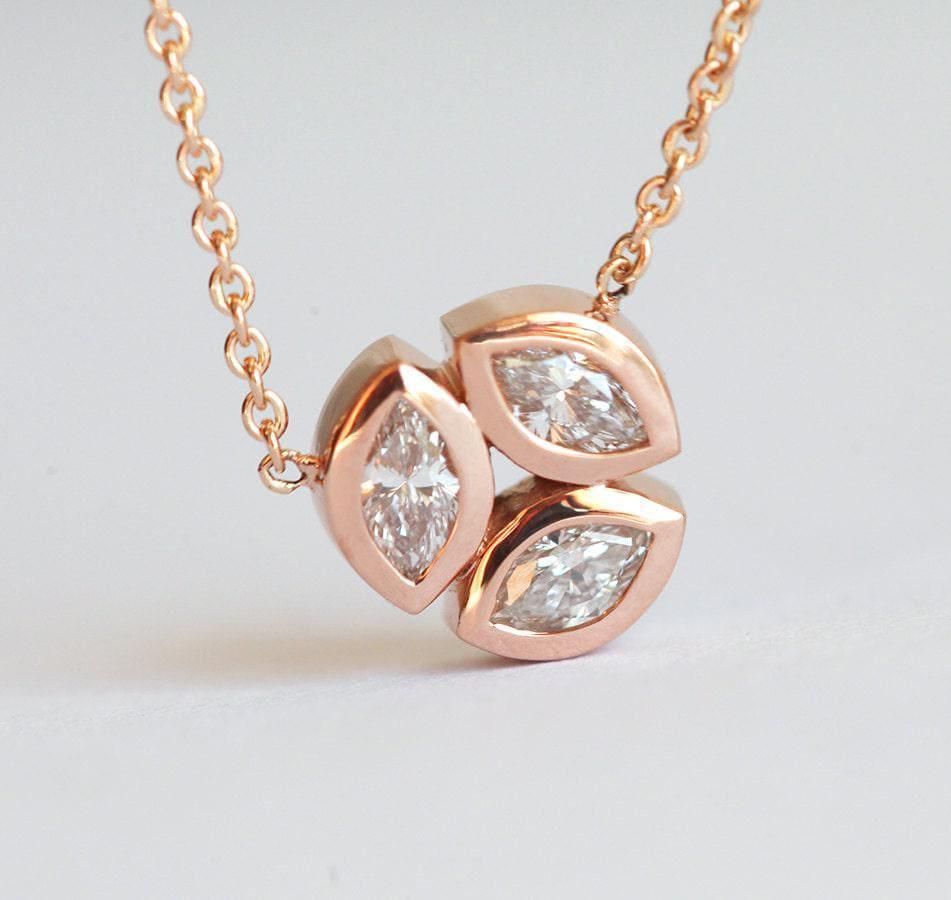 Unique Rose Gold Diamond Necklace, Solitaire Diamond   Necklace, Mother Marquise Diamonds Necklace Jewelry, Mom Anniversary Gift Necklace