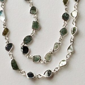 5-6mm Blue Green Raw Diamond Slice Beaded Chain Wire Wrapped Chain Rosary Style Chain, 925 Sterling Silver Beaded Chain 7 Inches Chain