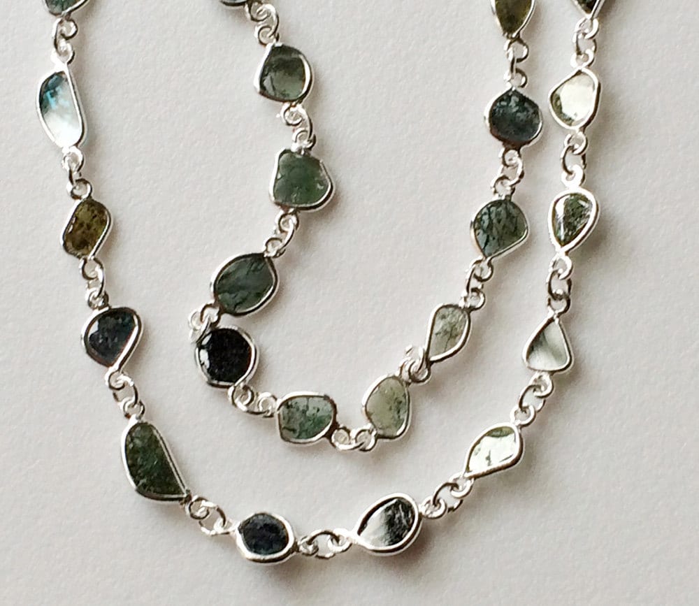 5-6mm Blue Green Raw Diamond Slice Beaded Chain Wire Wrapped Chain Rosary Style Chain, 925 Sterling Silver Beaded Chain 7 Inches Chain