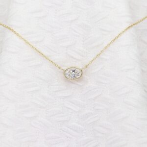 0.5ct Oval Lab Grown Diamond Necklace: 14k Solid Gold Bezel Solitaire. Lab Diamond Wedding Pendant