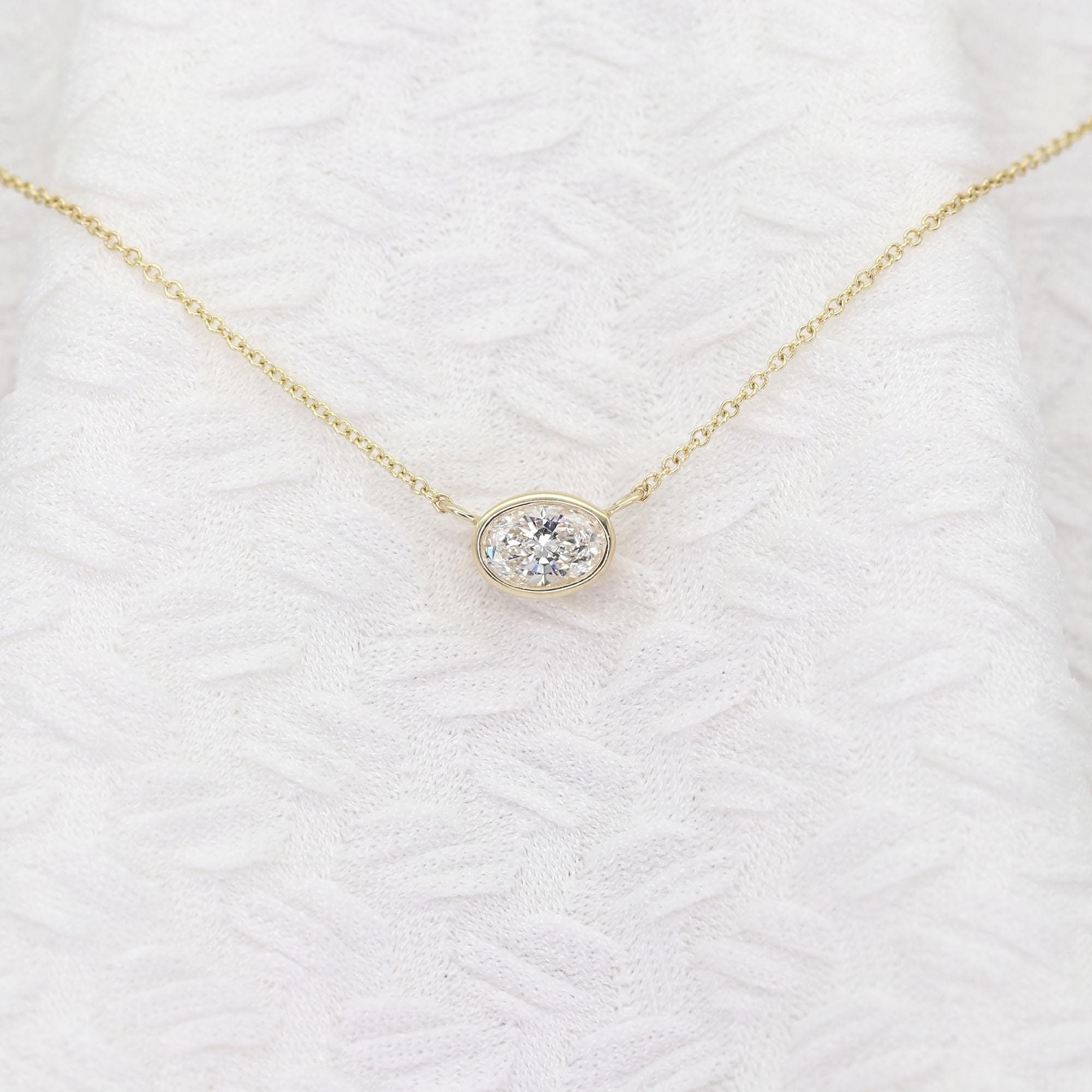 0.5ct Oval Lab Grown Diamond Necklace: 14k Solid Gold Bezel Solitaire. Lab Diamond Wedding Pendant