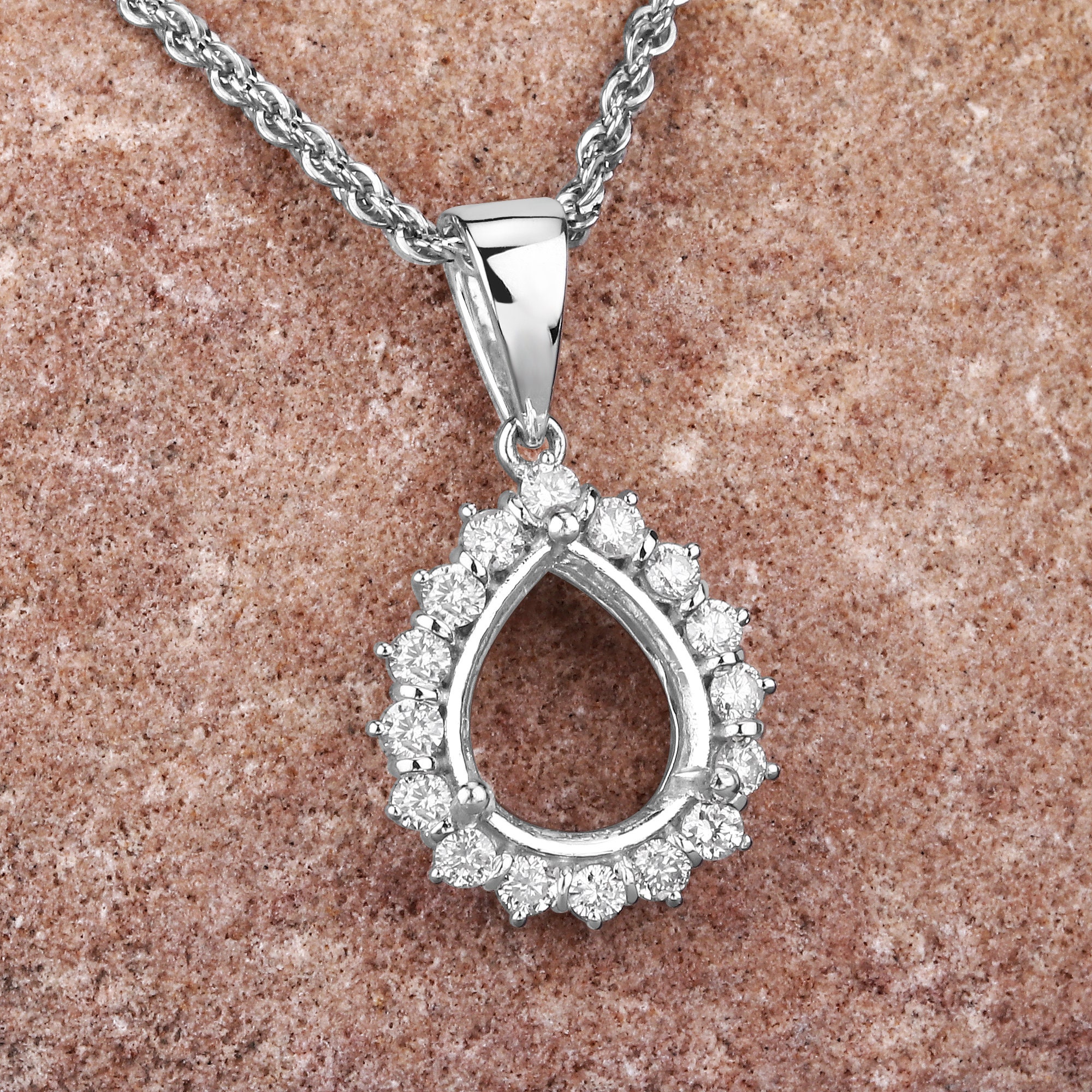 14k Gold Semi Mount Pendant With Natural Diamonds, Customizable Gold Pendant Semi-mount, 14k Diamond Semi-mount - Holds 11x9mm Pear Shape