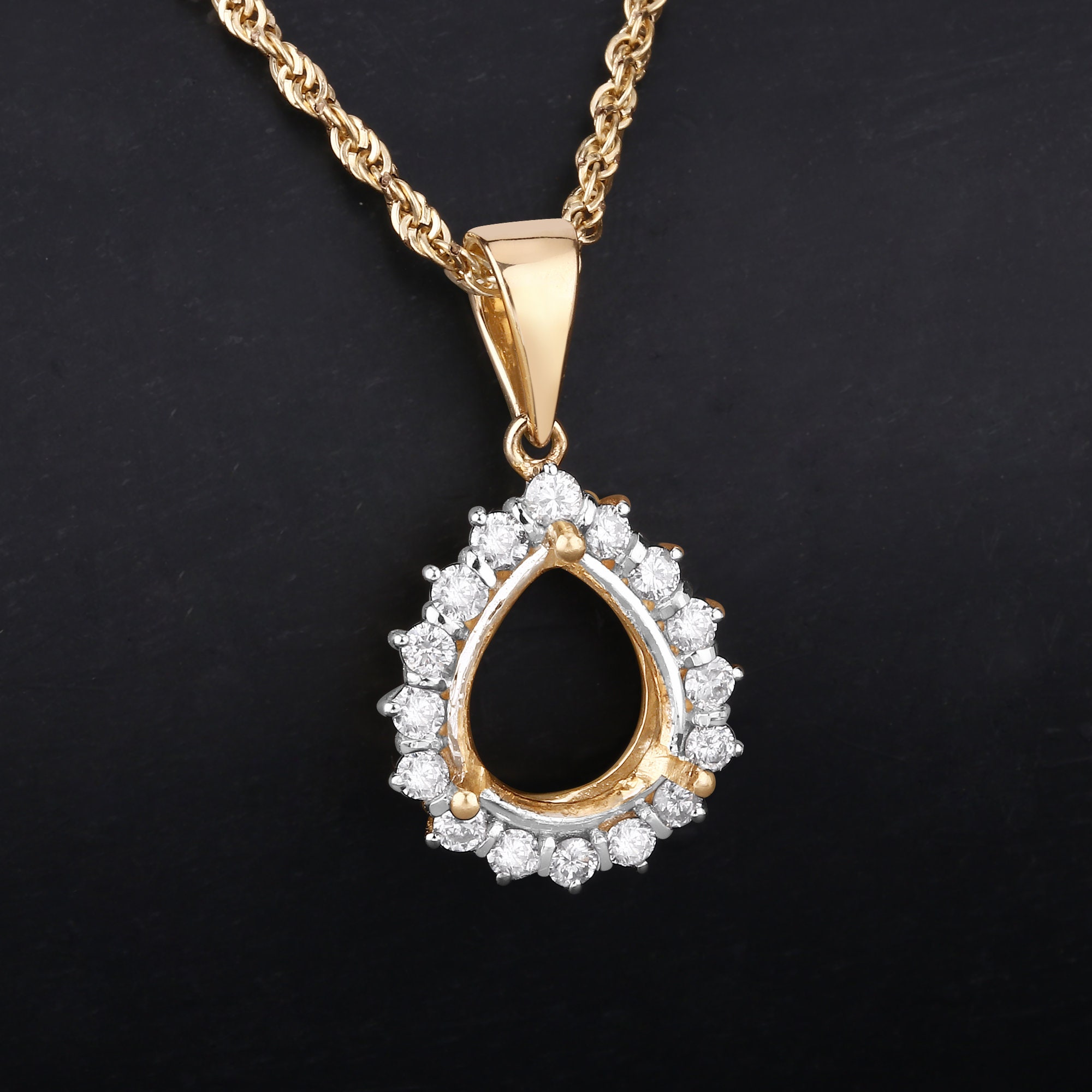 14k Gold Semi Mount Pendant With Natural Diamonds, Customizable Gold Pendant Semi-mount, 14k Diamond Semi-mount - Holds 11x9mm Pear Shape