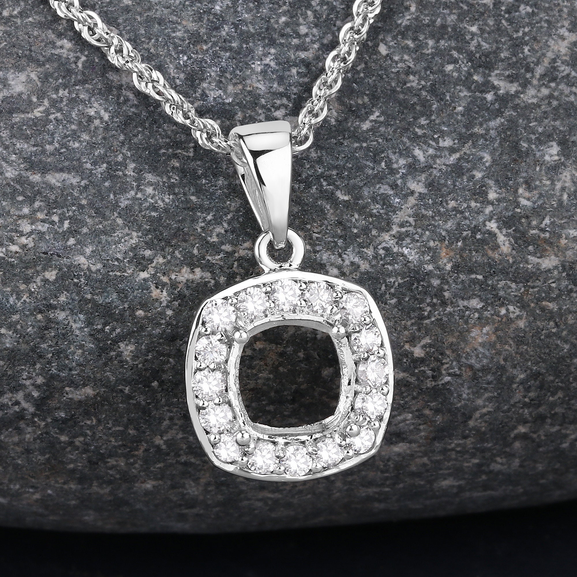 14k Gold Semi Mount Pendant With Natural Diamonds, Customizable Gold Pendant Semi-mount, 14k Diamond Semi-mount - Holds 8x8mm Cushion Stone