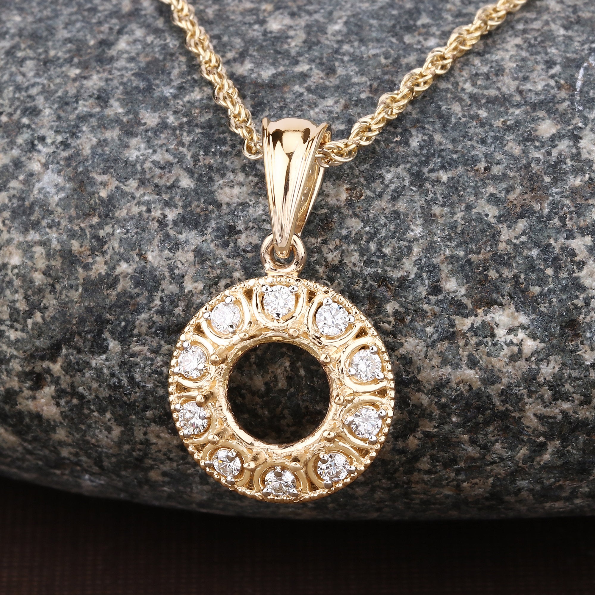 14k Gold Semi Mount Pendant With Natural Diamonds, Customizable Gold Pendant Semi-mount, 14k Diamond Semi-mount - Holds 8.00mm Round Stone