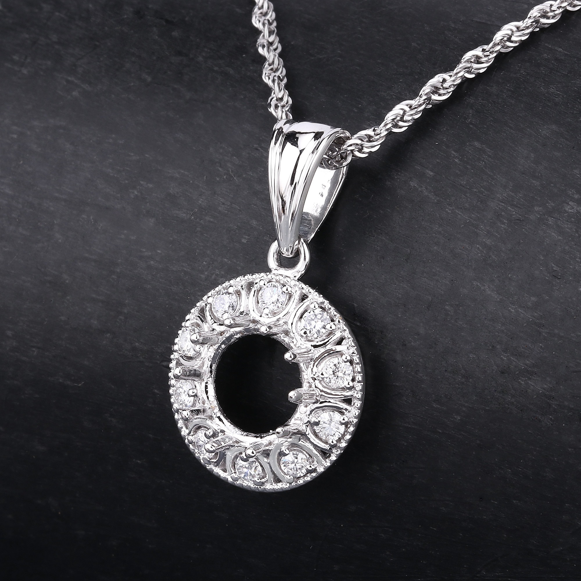 14k Gold Semi Mount Pendant With Natural Diamonds, Customizable Gold Pendant Semi-mount, 14k Diamond Semi-mount - Holds 8.00mm Round Stone
