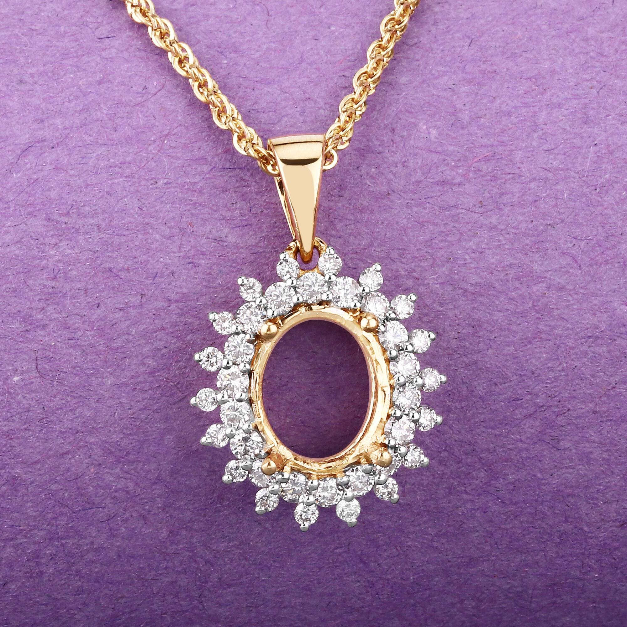 14k Gold Semi Mount Pendant With Natural Diamonds, Customizable Gold Pendant Semi-mount, 14k Diamond Semi-mount - Holds 11x9mm Oval Stone