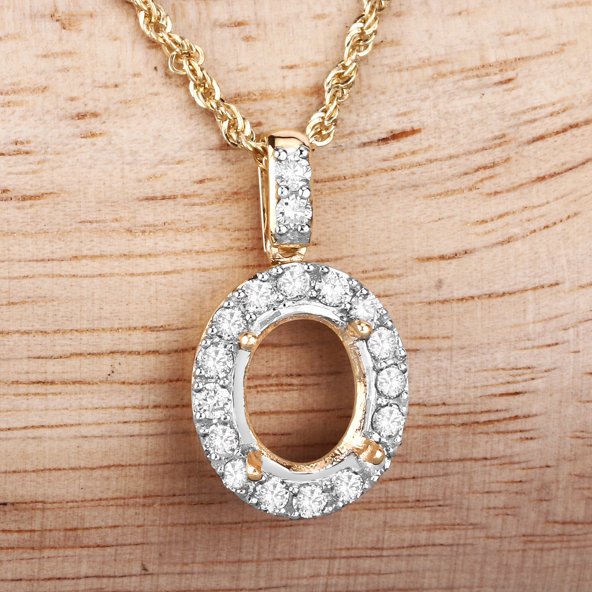 14k Gold Semi Mount Pendant With Natural Diamonds, Customizable Gold Pendant Semi-mount, 14k Diamond Semi-mount - Holds 10x8mm Oval Stone
