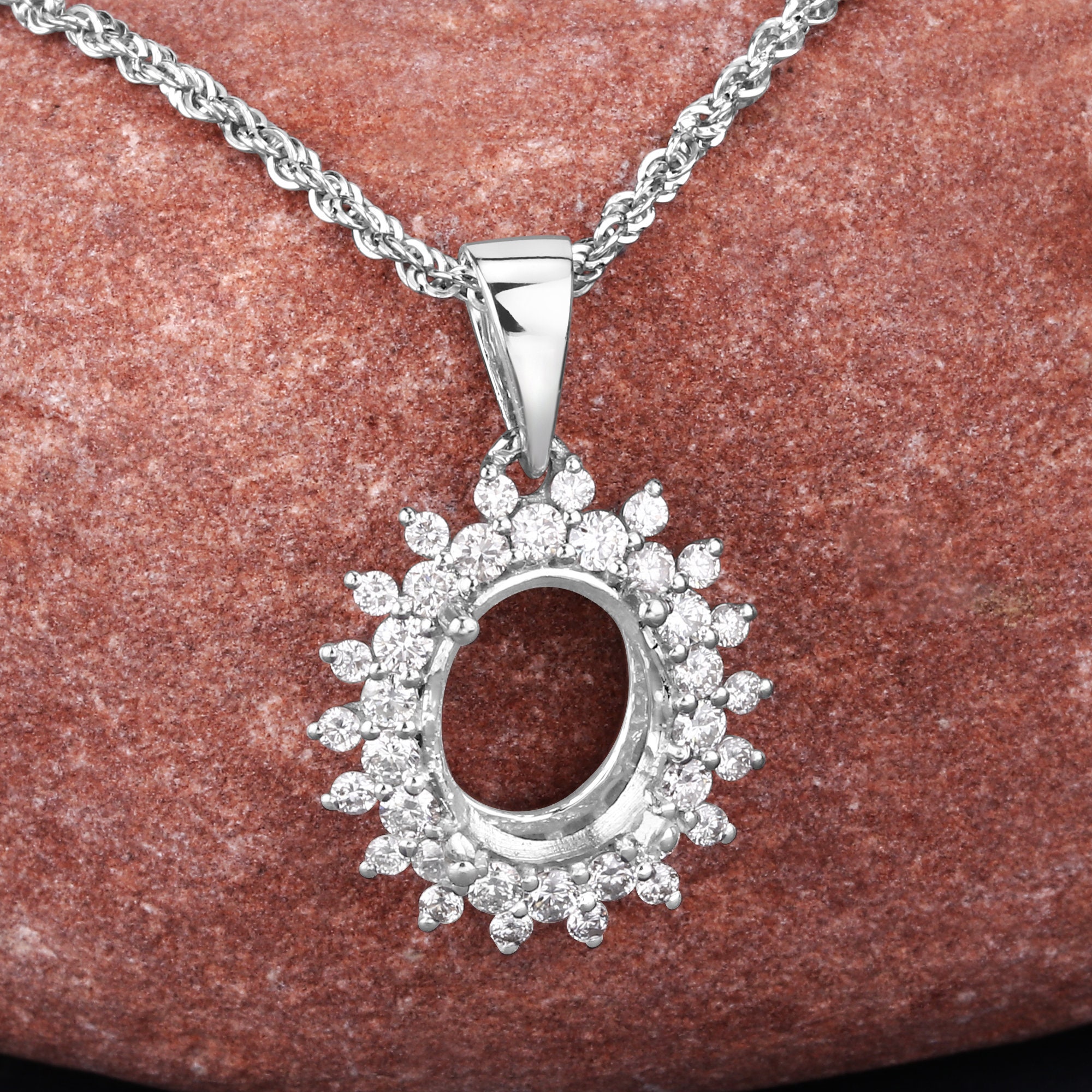 14k Gold Semi Mount Pendant With Natural Diamonds, Customizable Gold Pendant Semi-mount, 14k Diamond Semi-mount - Holds 11x9mm Oval Stone