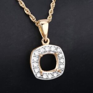 14k Gold Semi Mount Pendant With Natural Diamonds, Customizable Gold Pendant Semi-mount, 14k Diamond Semi-mount - Holds 8x8mm Cushion Stone