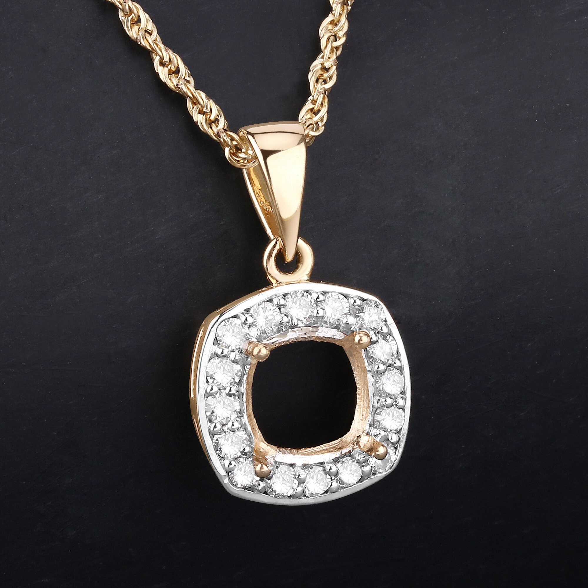 14k Gold Semi Mount Pendant With Natural Diamonds, Customizable Gold Pendant Semi-mount, 14k Diamond Semi-mount - Holds 8x8mm Cushion Stone