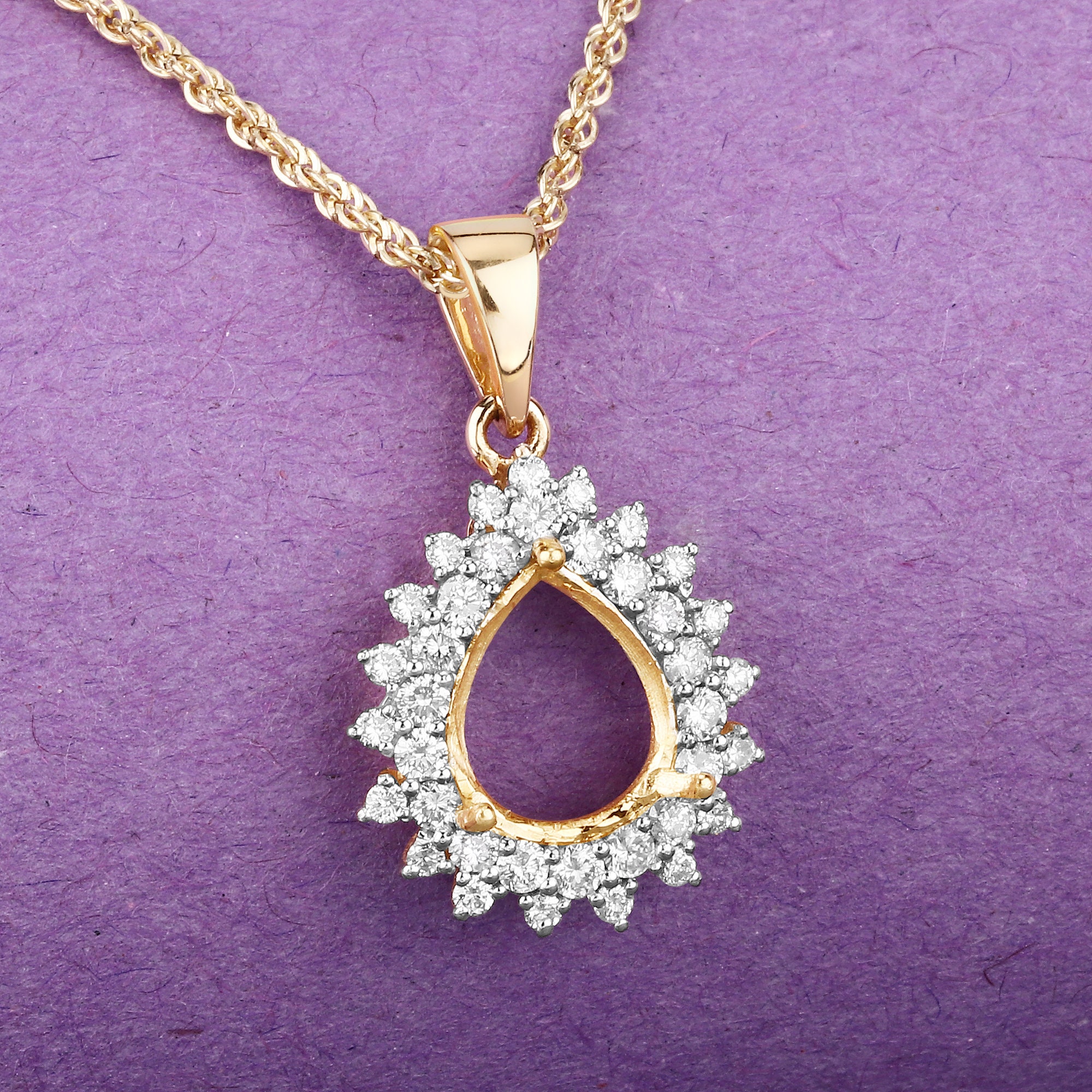 14k Gold Semi Mount Pendant With Natural Diamonds, Customizable Gold Pendant Semi-mount, 14k Diamond Semi-mount - Holds 11x9mm Pear Shape