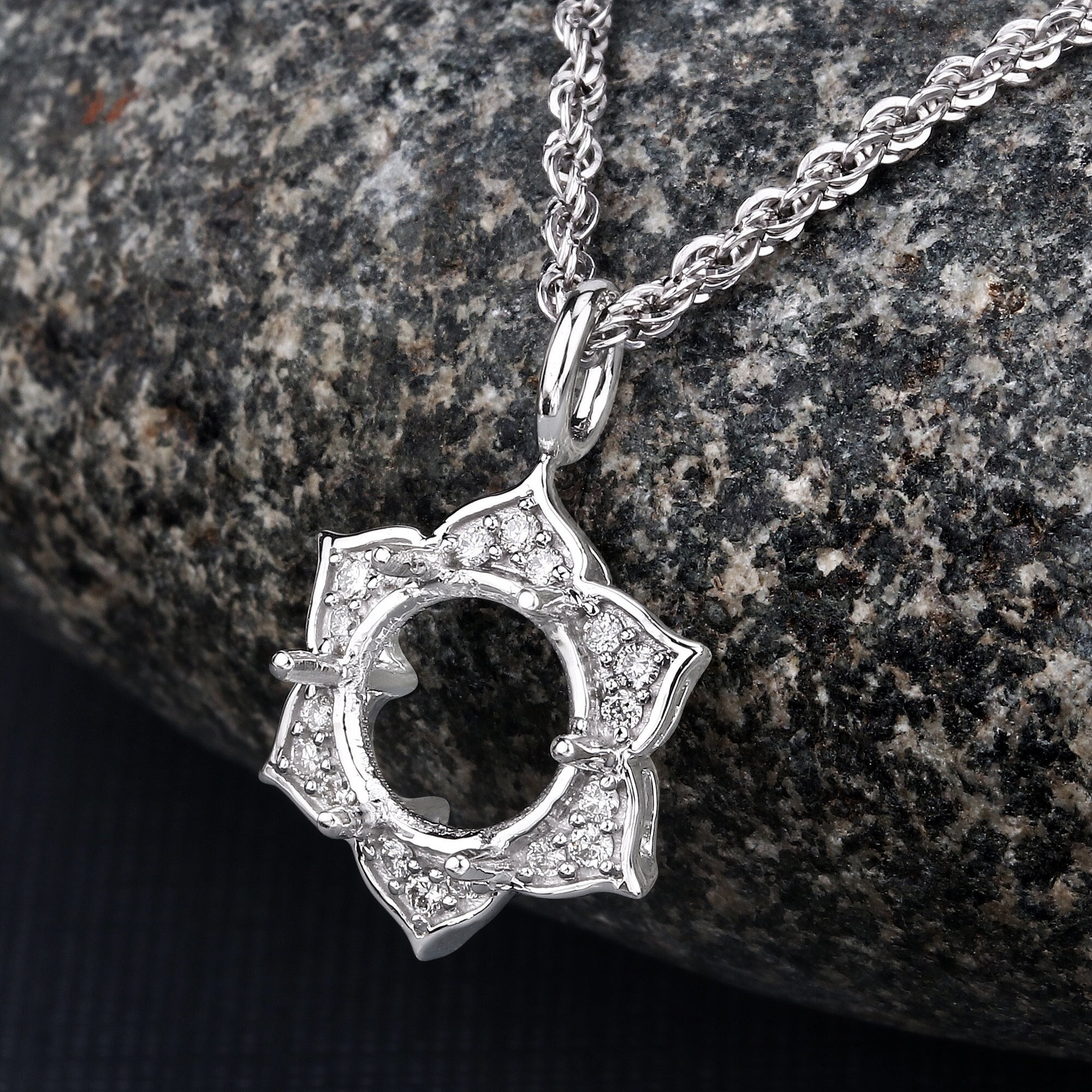 14k Gold Semi Mount Pendant With Natural Diamonds, Customizable Gold Pendant Semi-mount, 14k Diamond Semi-mount - Holds 8.00mm Round Stone