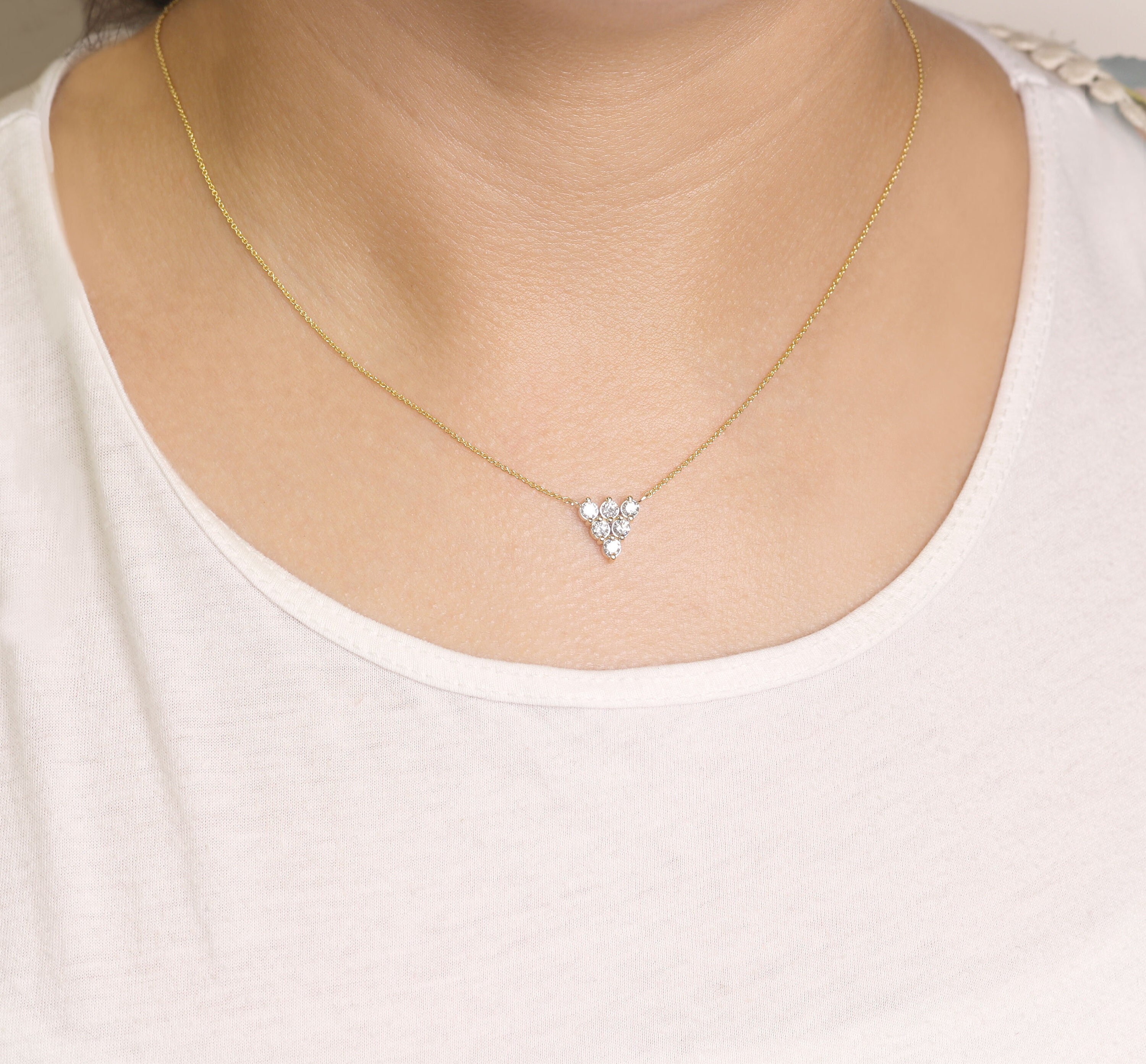 14k Gold Diamond Triangle Necklace: 0.48 Ct Handmade Pendant