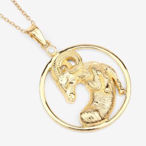 Aries Ram Pendant, 14k Sterling Silver Yellow Gold Plated Genuine Diamond Aries Zodiac Pendant Necklace, Astrology Zodiac Sign Jewelry Gifts