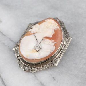 Art Deco 14k White Gold Cameo Brooch Pendant, Diamond Accent