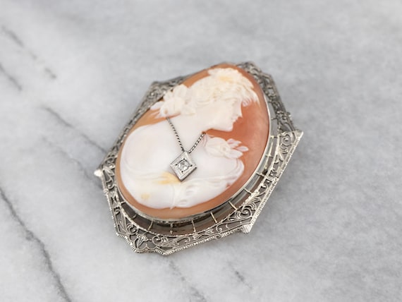 Art Deco 14k White Gold Cameo Brooch Pendant, Diamond Accent Art Deco 14k White Gold Cameo Brooch Pendant, Diamond Accent