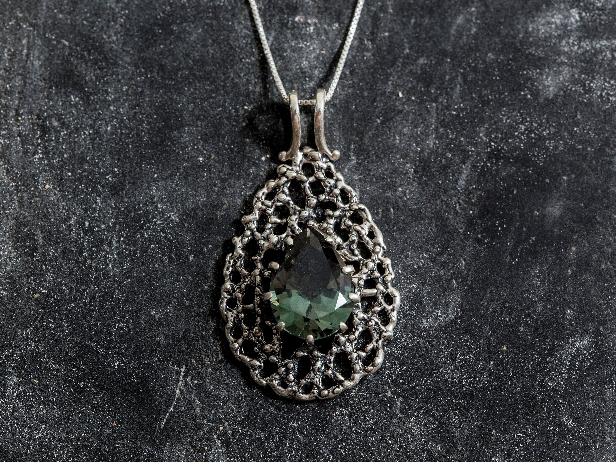 Green Diamond Pendant, Created Diamond, Green Stone Pendant, Large Pendant, Statement Pendant, Artisan Necklace, Solid Silver Pendant,silver