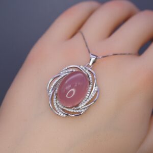 Natural Pink Chalcedony Necklace - 18kgp @ Sterling Silver - Diamond Net Pink Gemstone - Genuine Pink Chalcedony Pendant 1070