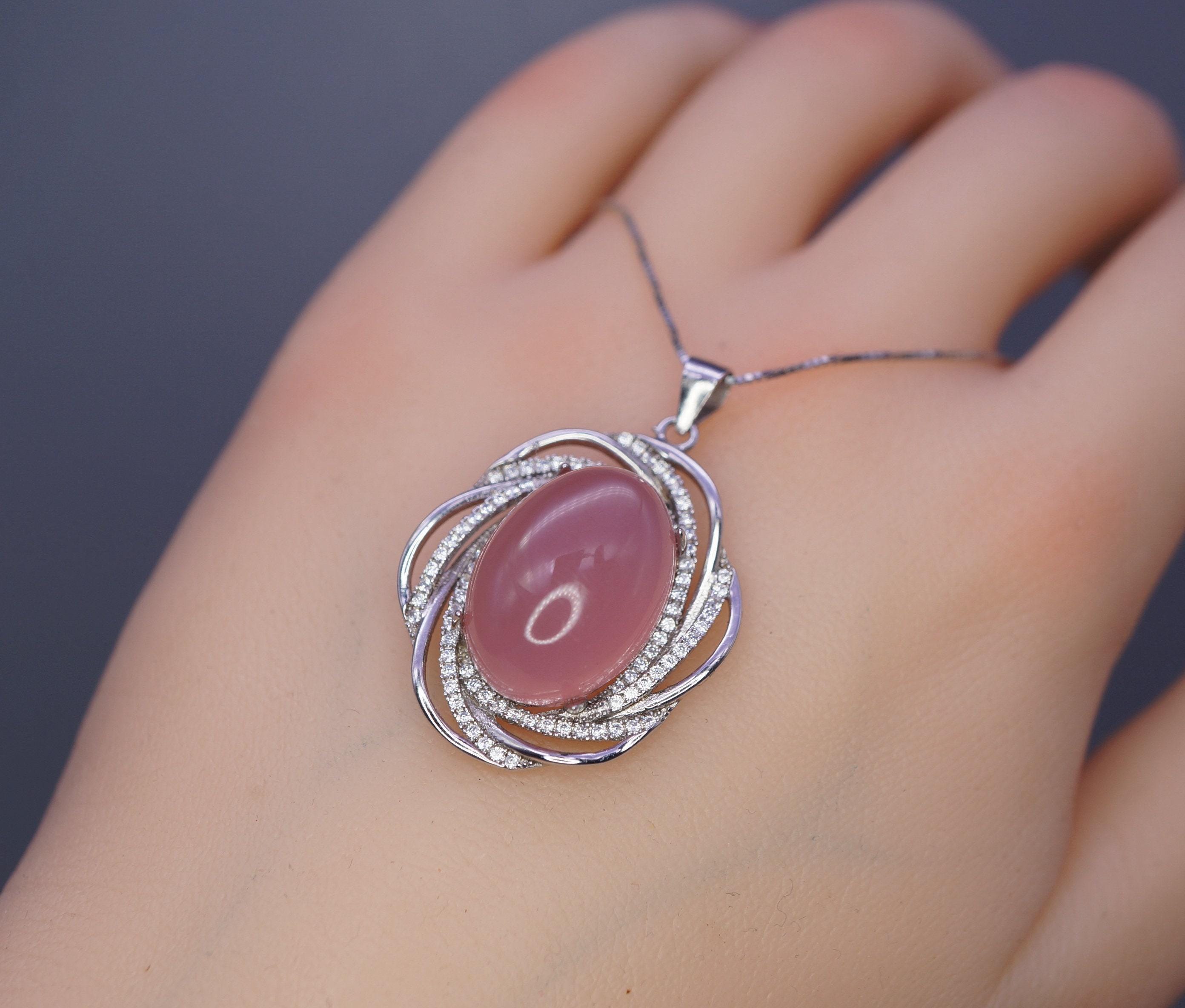 Natural Pink Chalcedony Necklace - 18kgp @ Sterling Silver - Diamond Net Pink Gemstone - Genuine Pink Chalcedony Pendant 1070