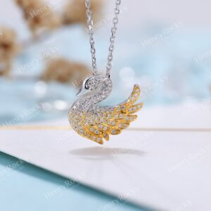 Diamond Pendant Necklace Women | Charm Micro Pave Swan Necklace | Unique Jewelry | Solid Yellow Gold Necklace | Anniversary Gift For Her