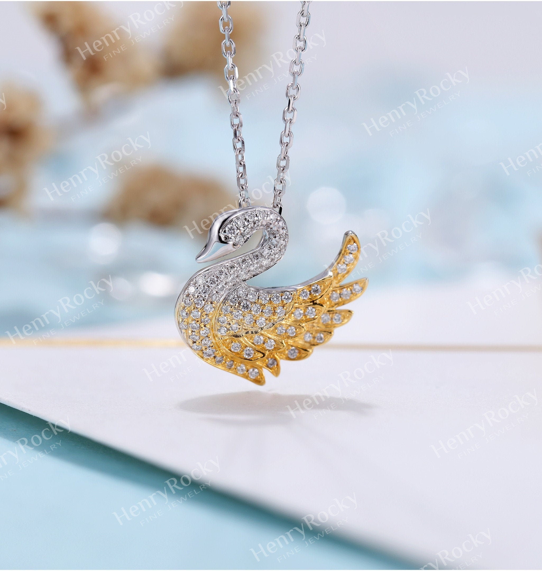 Diamond Pendant Necklace Women | Charm Micro Pave Swan Necklace | Unique Jewelry | Solid Yellow Gold Necklace | Anniversary Gift For Her