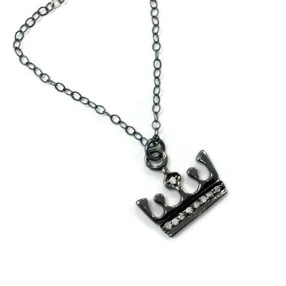 Oxidized Sterling Silver Crown Diamond Pendant Necklace – April Birthstone Oxidized Sterling Silver Crown Diamond Pendant Necklace – April Birthstone