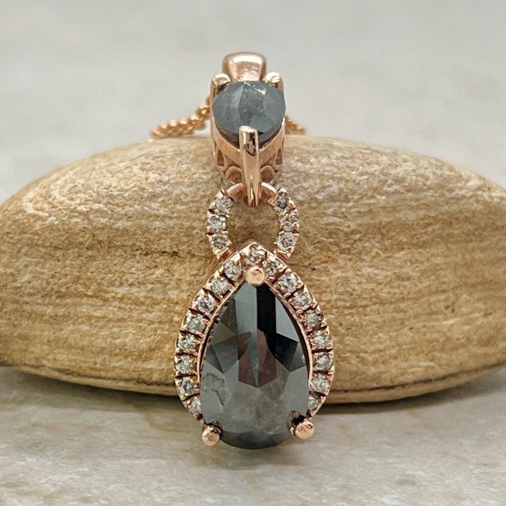 Salt And Pepper Diamond Pendant Pear Rose Cut, Diamond Halos Filigree, Lifetime Care Plan Included, Genuine Diamonds Ls7139