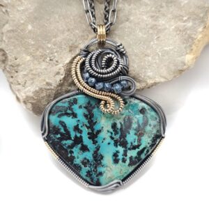 TOP Quality Shattuckite "Shadow Wrap™" Pendant w/Natural Blue Diamonds in Oxidized Sterling Silver Wire -- FREE 18" Double Chain Included!