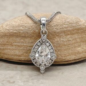 Vintage Teardrop Pendant, Tiny Dainty Milgrain Pear And Round Shapes, Lifetime Care Plan Included, Genuine Gems And Diamonds Ls6482