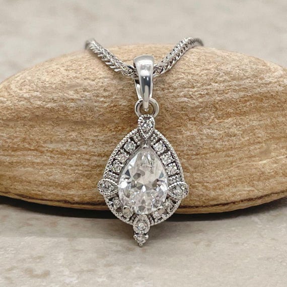 Vintage Teardrop Pendant, Tiny Dainty Milgrain Pear And Round Shapes, Lifetime Care Plan Included, Genuine Gems And Diamonds Ls6482
