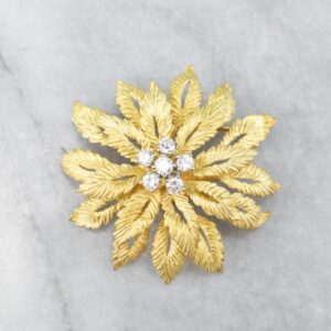 Vintage 18K Yellow Gold Flower Diamond Cluster Brooch Vintage 18K Yellow Gold Flower Diamond Cluster Brooch