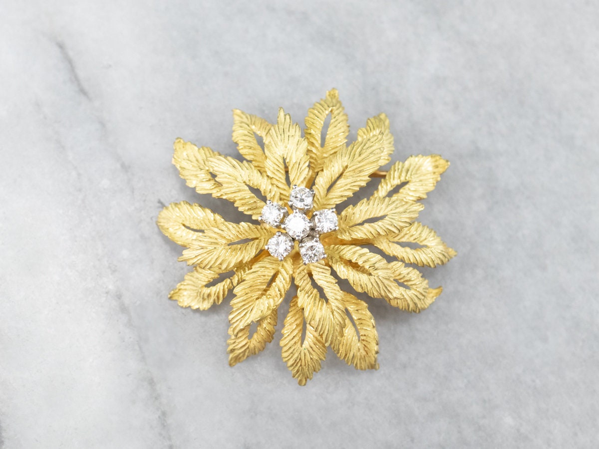 Vintage 18k Yellow Gold Flower Diamond Cluster Brooch