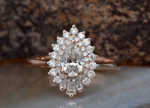 1 1/2 Ct Vintage Diamond Ring-promise Ring-pear Shaped Engagement Ring-baguette Diamond Ring-art Deco Ring-solid Gold Ring-princess Ring 1 1/2 Ct Vintage Diamond Ring-promise Ring-pear Shaped Engagement Ring-baguette Diamond Ring-art Deco Ring-solid Gold Ring-princess Ring