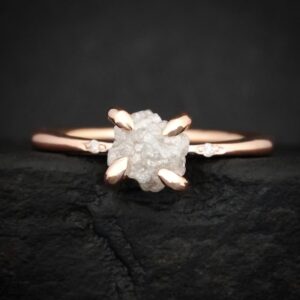 1 Carat Raw Diamond Engagement Ring. Rustic 4 Prong Set Uncut Natural White Diamond Promise Statement Ring