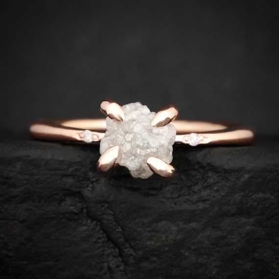 1 Carat Raw Diamond Engagement Ring. Rustic 4 Prong Set Uncut Natural White Diamond Promise Statement Ring
